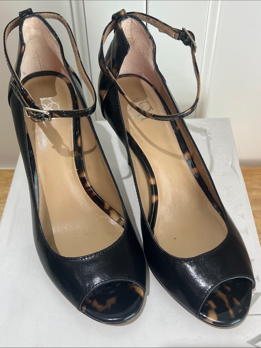 Aldo Black Patent Peep-Toe Ankle Strap Pumps with Tortoiseshell Trim